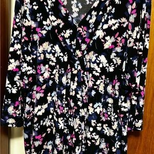Lane Bryant Blue V-Neck Floral Blouse with Pink & White Accents